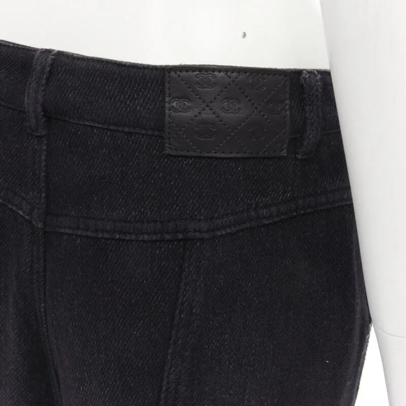 CHANEL Runway cotton black CC chain buckle belt wide leg bell pants FR38 M