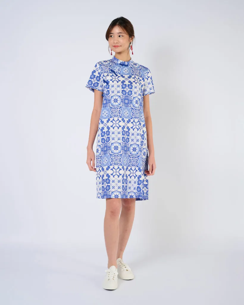 Cheongsam Midi Dress in Blue Tiles