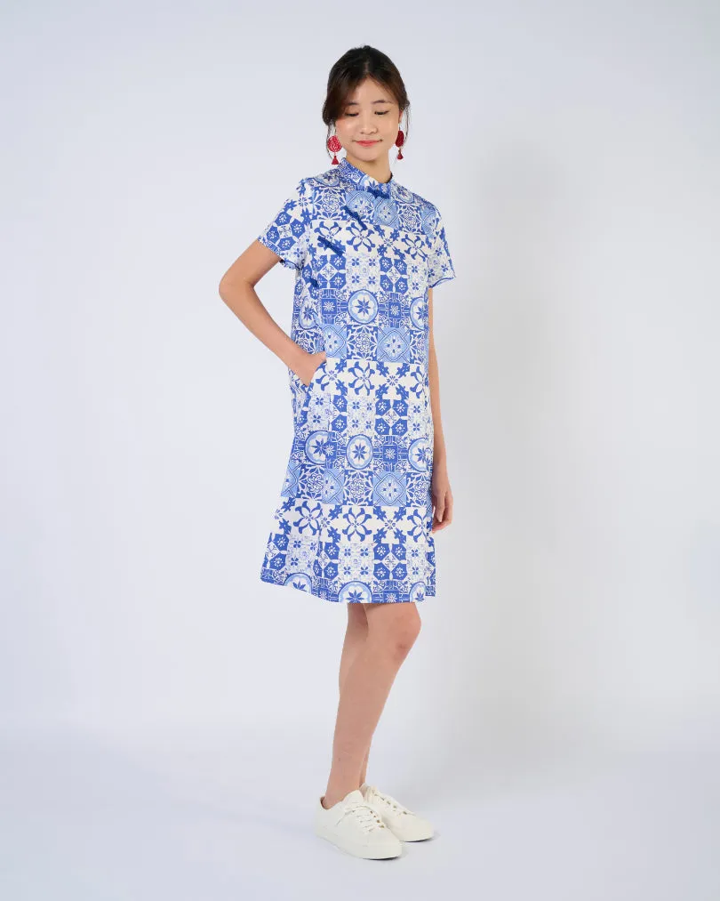 Cheongsam Midi Dress in Blue Tiles