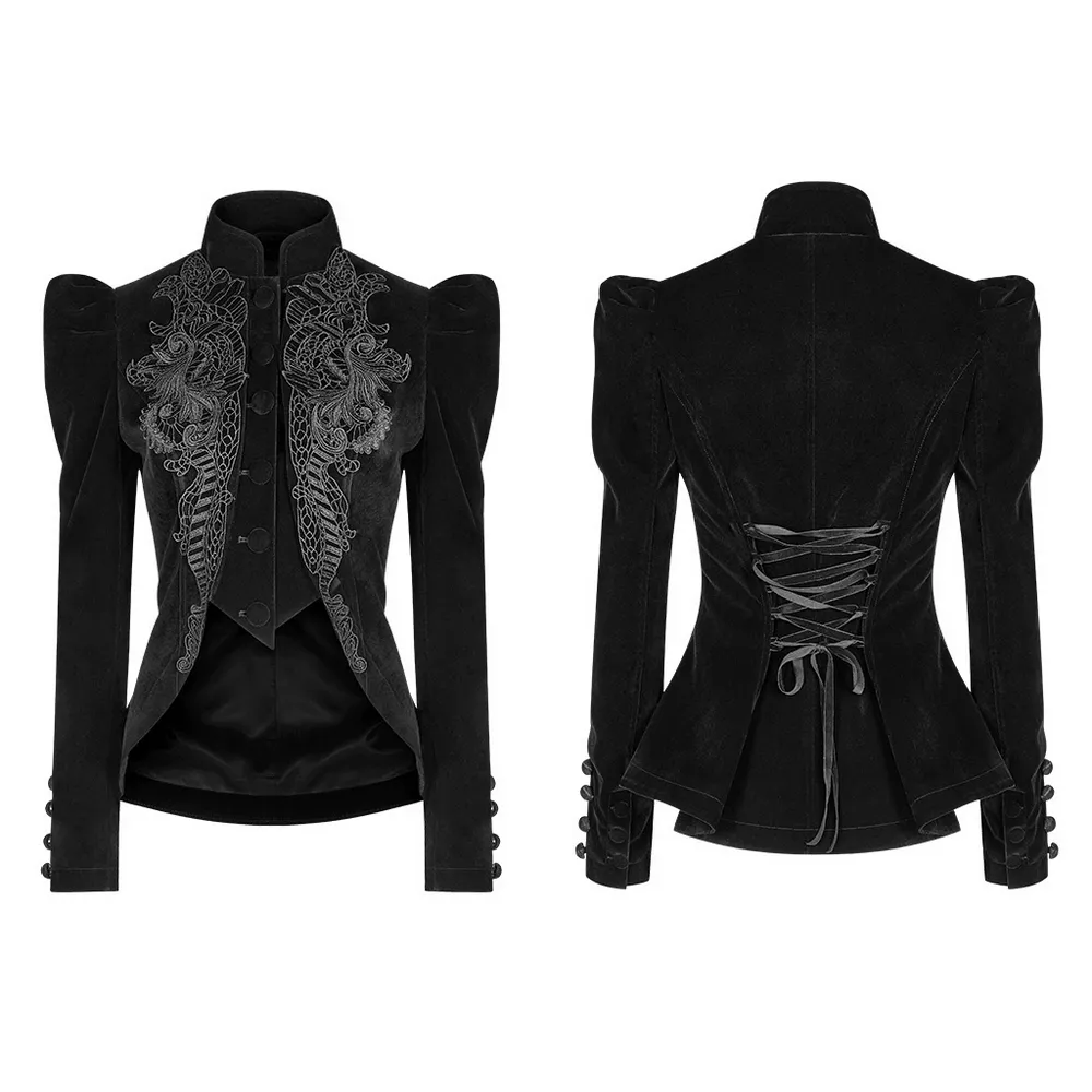 Chic Gothic Weft Velvet Tailcoat with Lace Trim