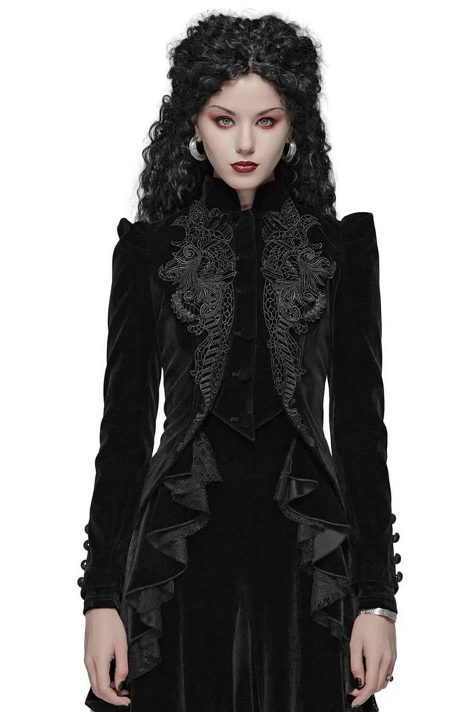 Chic Gothic Weft Velvet Tailcoat with Lace Trim