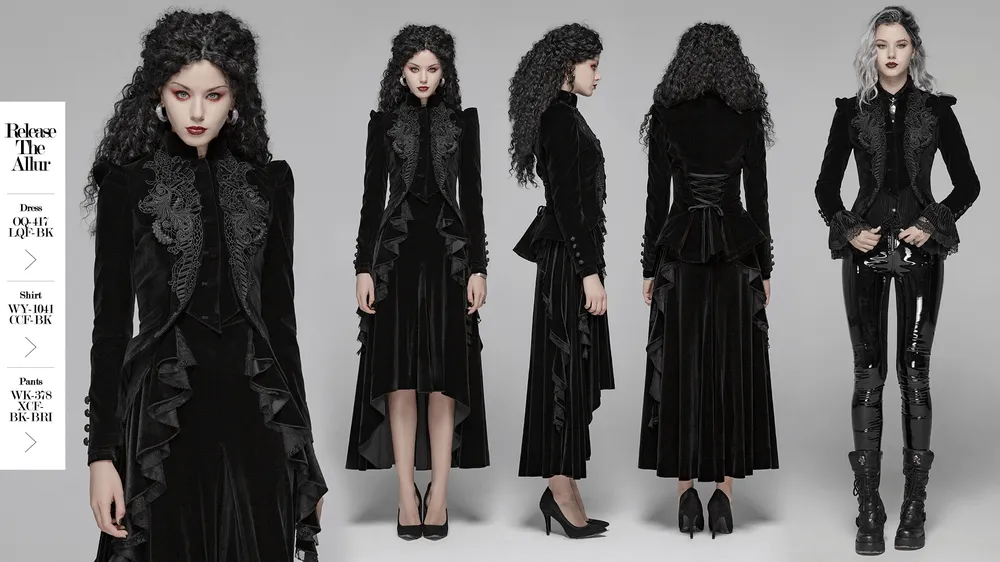 Chic Gothic Weft Velvet Tailcoat with Lace Trim