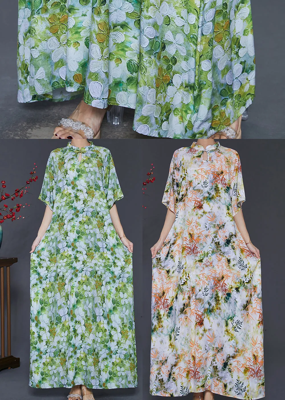 Chinese Style Green Print Cotton Cheongsam Dresses Summer SD1083