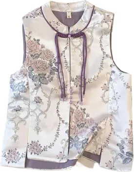 Chinese Style Tops Women Satin Embroider Hanfu Jacket Lady Casual Outwear Vintage Button Down Cheongsam Vest