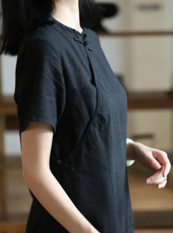 Classic Linen Cheongsam Dress in Black