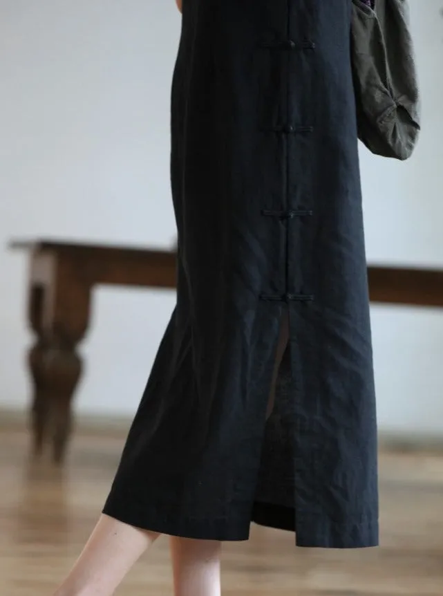 Classic Linen Cheongsam Dress in Black