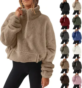 Cropped Half Zip Pullover Women Comfy Warm Sherpa Fleece Sweatshirt No Hood Quarter Zip Sweater with Pockets