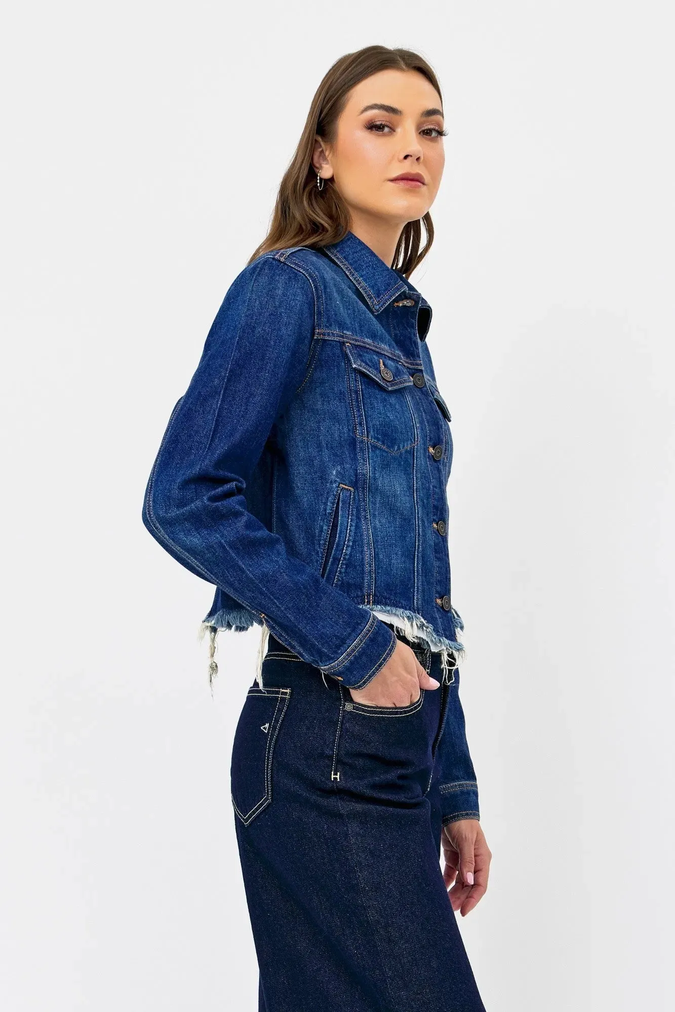 Dark Cropped Fitted Jean Jacket with Fray