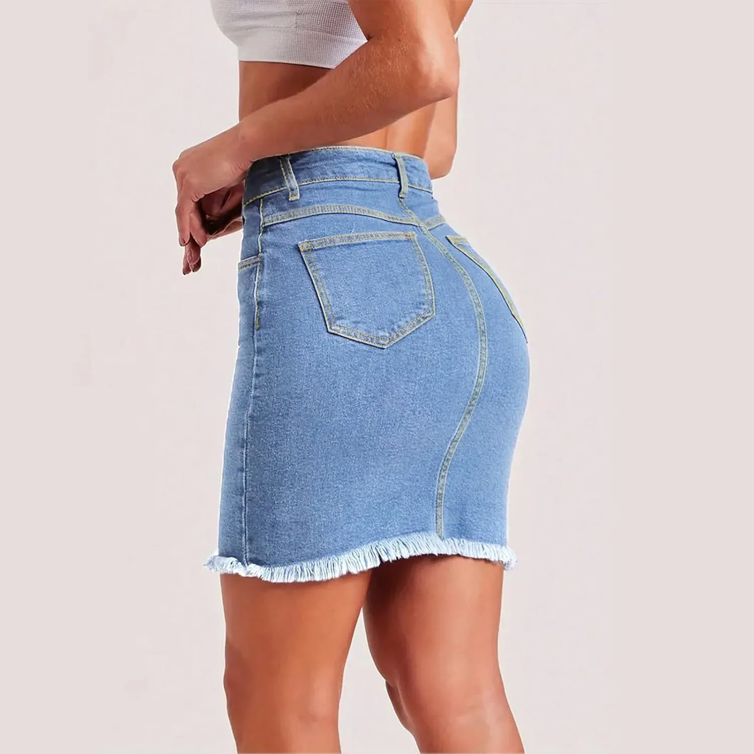 Denim Skirt Women High Waisted Short Mini Jean Skirts Summer Casual Frayed Hem Cute Skirts with Pockets