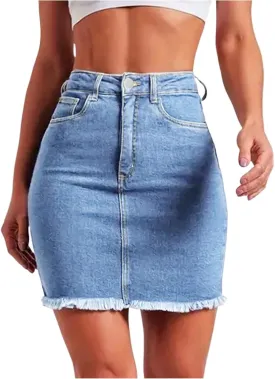 Denim Skirt Women High Waisted Short Mini Jean Skirts Summer Casual Frayed Hem Cute Skirts with Pockets