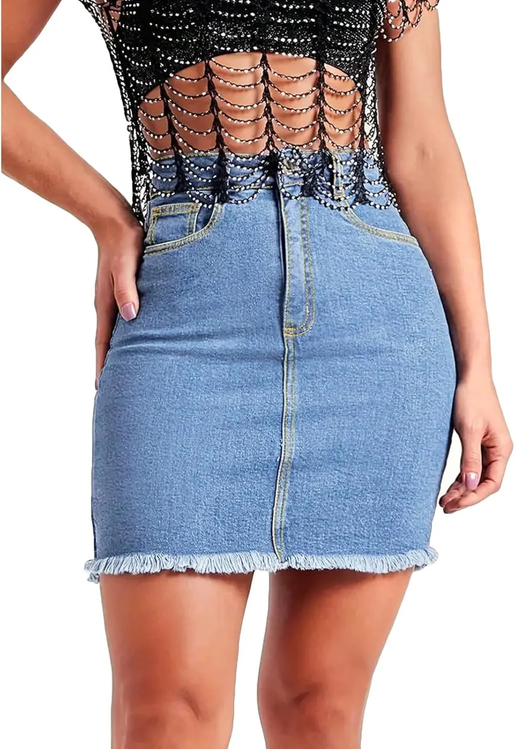 Denim Skirt Women High Waisted Short Mini Jean Skirts Summer Casual Frayed Hem Cute Skirts with Pockets