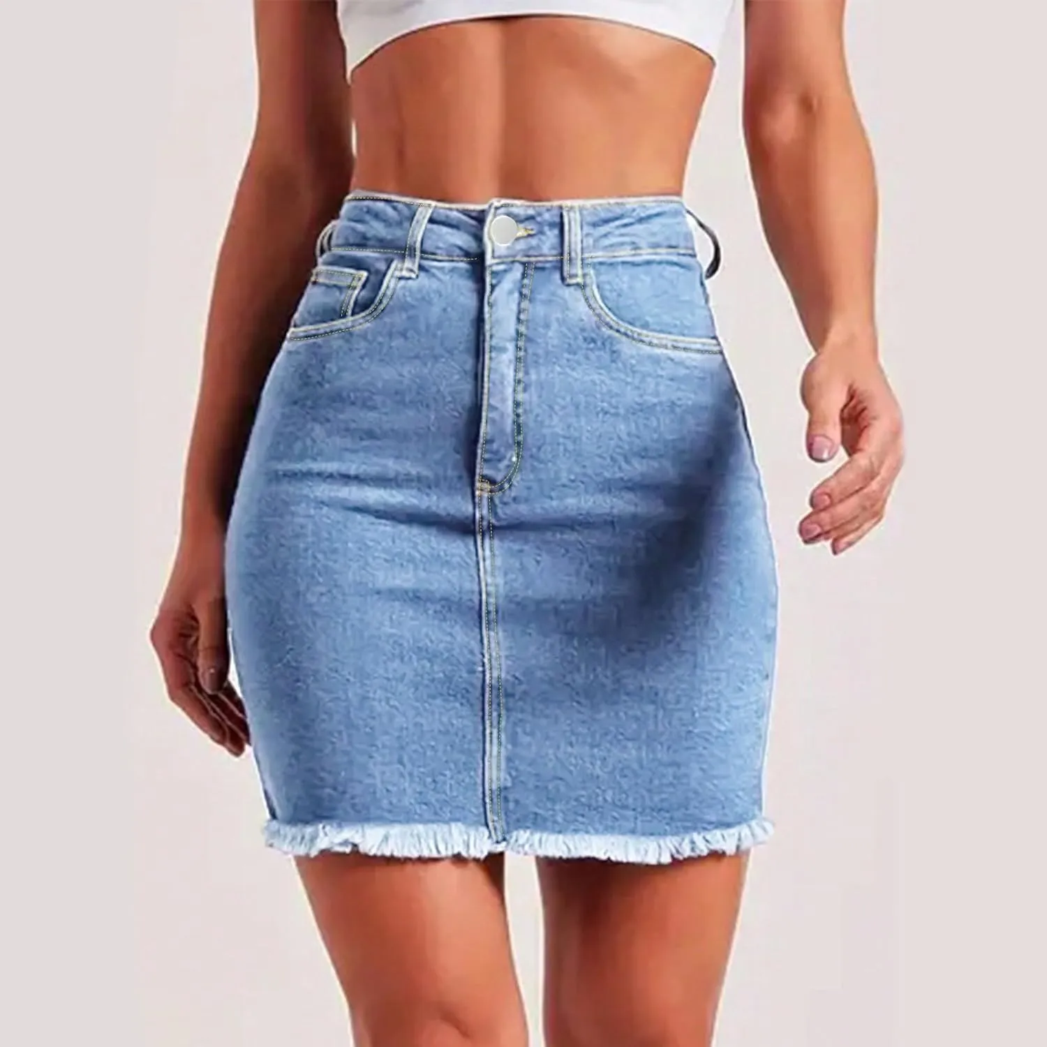 Denim Skirt Women High Waisted Short Mini Jean Skirts Summer Casual Frayed Hem Cute Skirts with Pockets