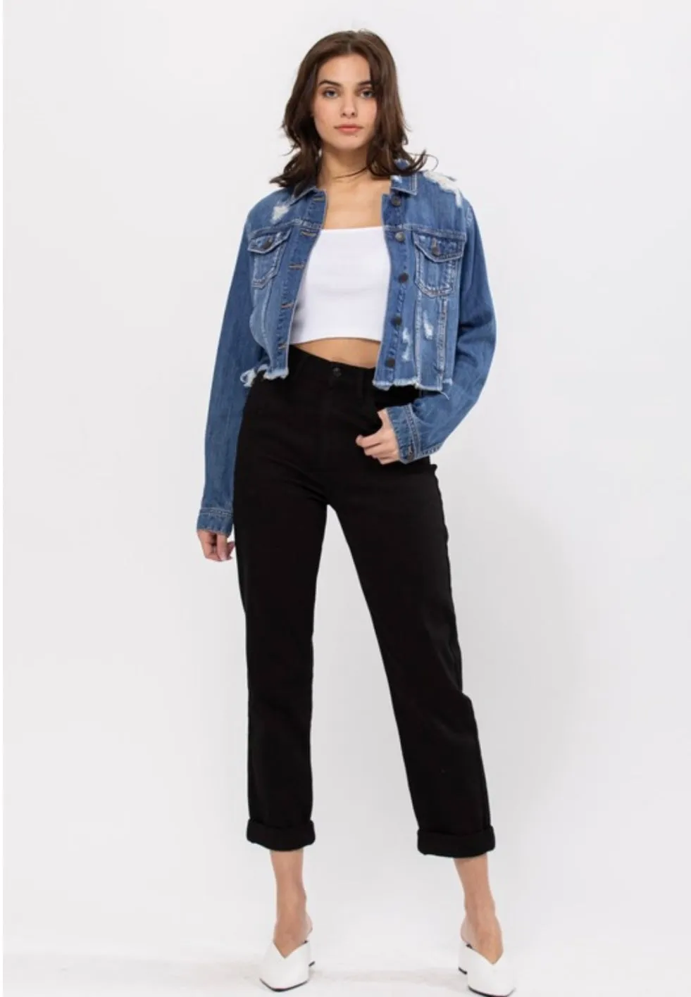 Dessi Crop Medium Wash Distressed Frayed Hem Denim Jacket