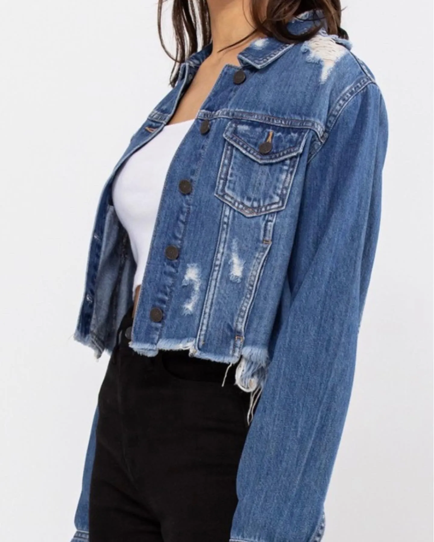 Dessi Crop Medium Wash Distressed Frayed Hem Denim Jacket