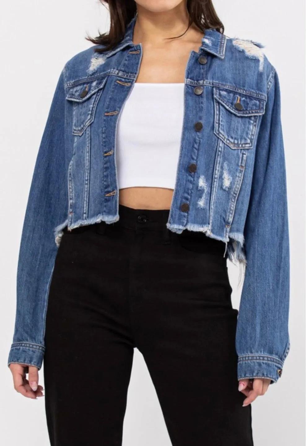 Dessi Crop Medium Wash Distressed Frayed Hem Denim Jacket
