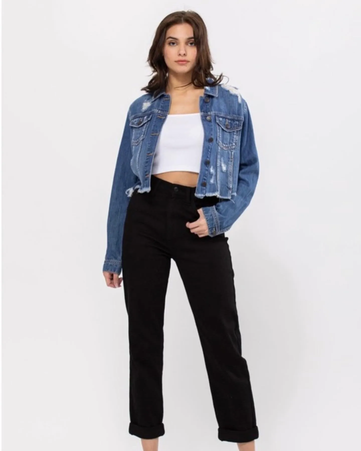 Dessi Crop Medium Wash Distressed Frayed Hem Denim Jacket