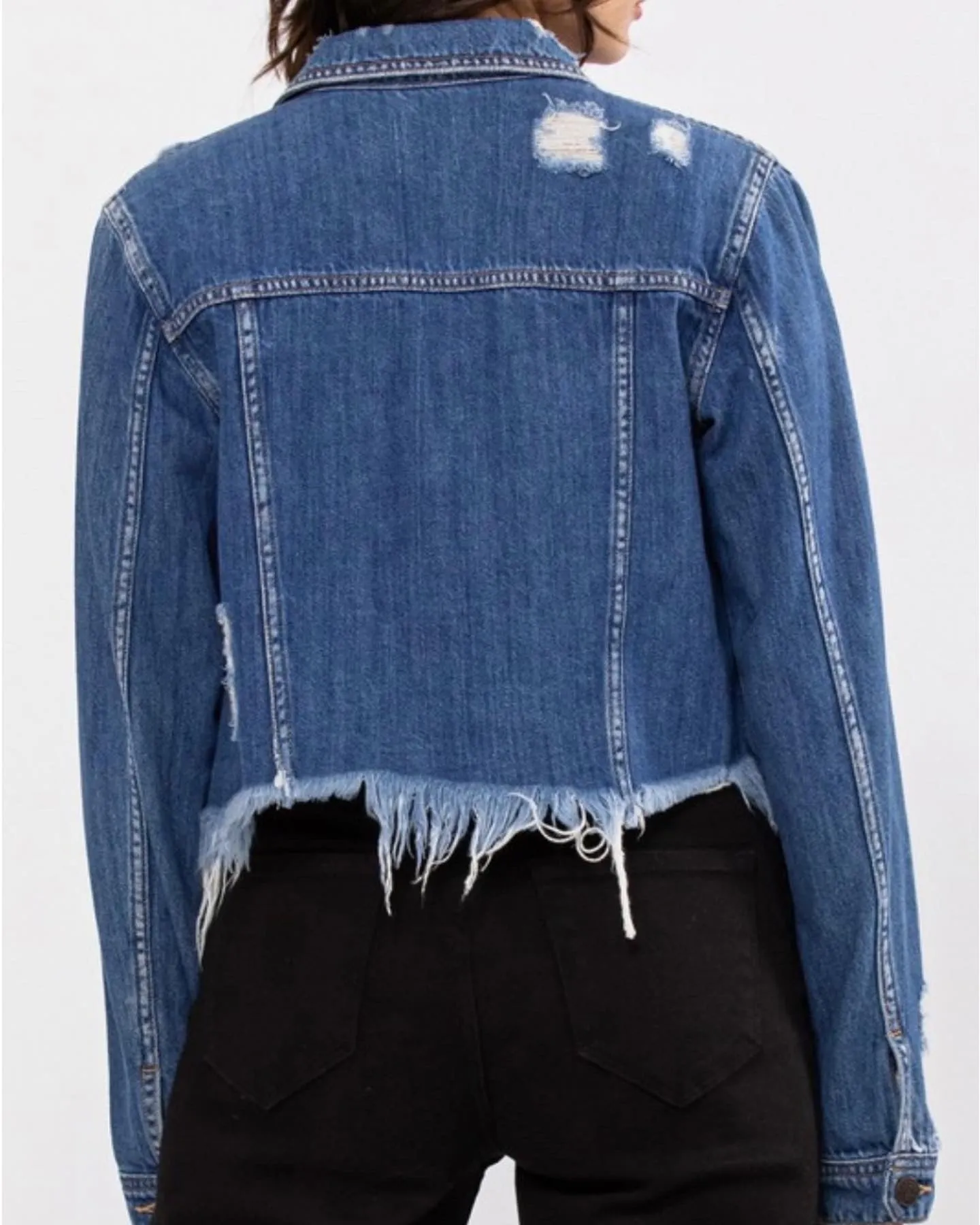Dessi Crop Medium Wash Distressed Frayed Hem Denim Jacket