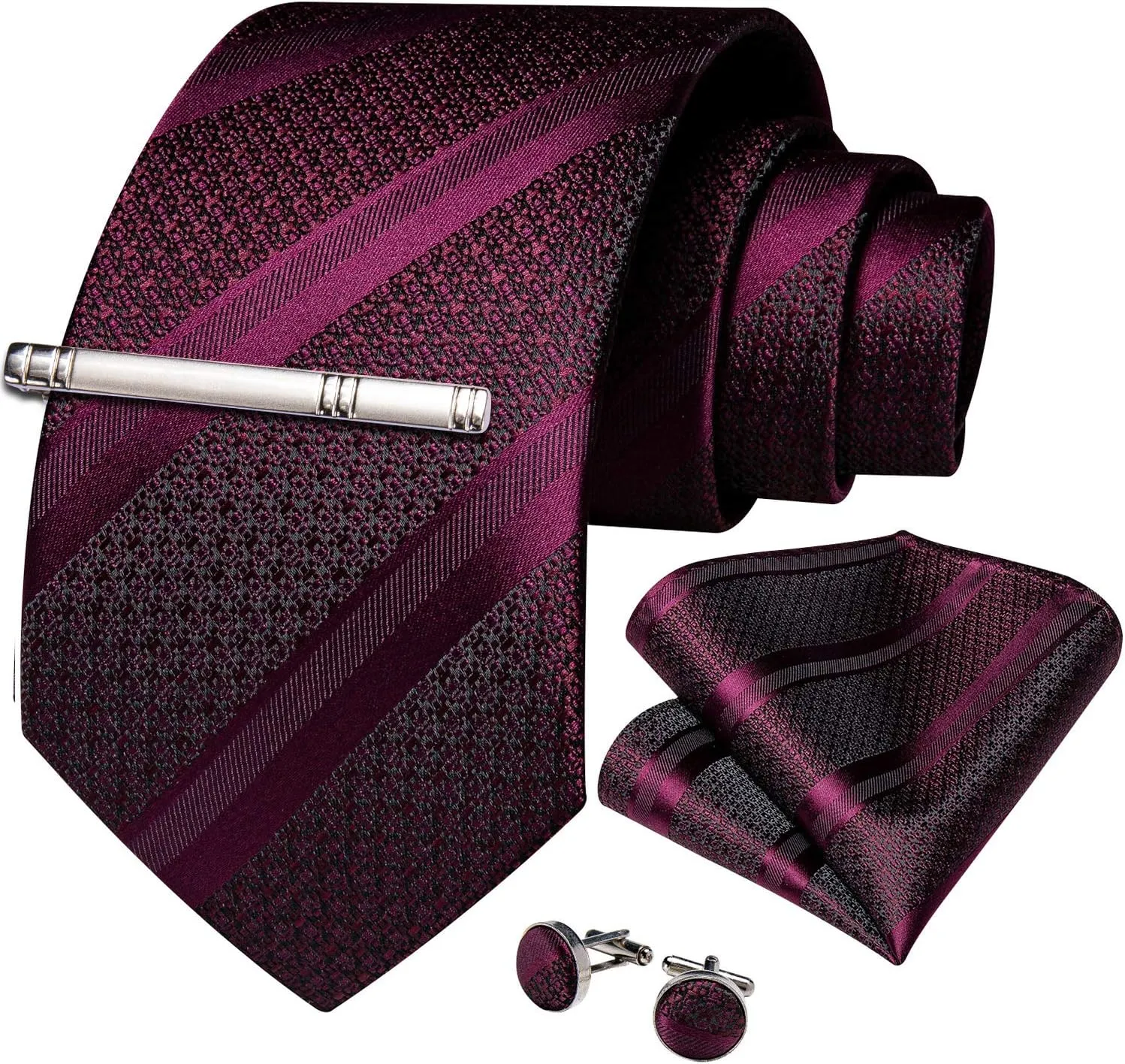 DiBanGu Mens Striped Tie Silk Woven Necktie and Pocket Square Cufflinks Tie Clip Set Wedding Business Formal Gift Tie for Men