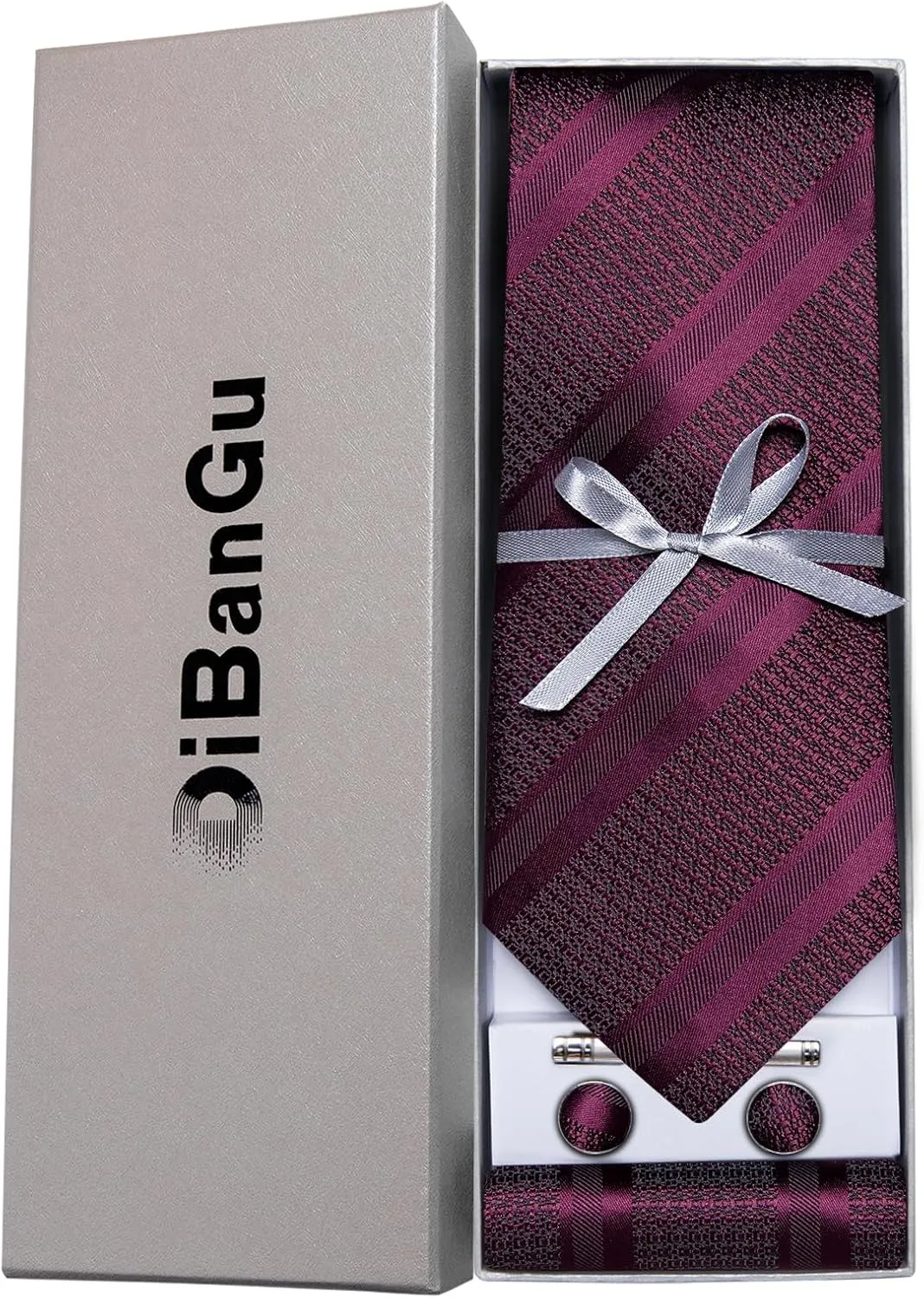 DiBanGu Mens Striped Tie Silk Woven Necktie and Pocket Square Cufflinks Tie Clip Set Wedding Business Formal Gift Tie for Men