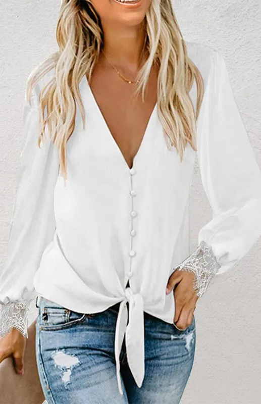 Drea Women's V-Neck Lace Patchwork Solid Color Tie Loose Long Sleeve Chiffon Shirt