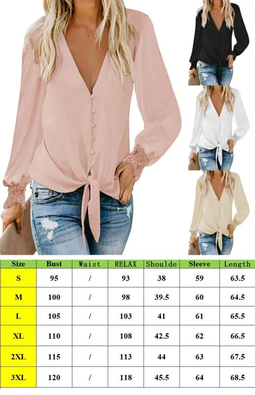 Drea Women's V-Neck Lace Patchwork Solid Color Tie Loose Long Sleeve Chiffon Shirt