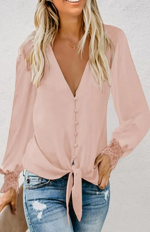 Drea Women's V-Neck Lace Patchwork Solid Color Tie Loose Long Sleeve Chiffon Shirt