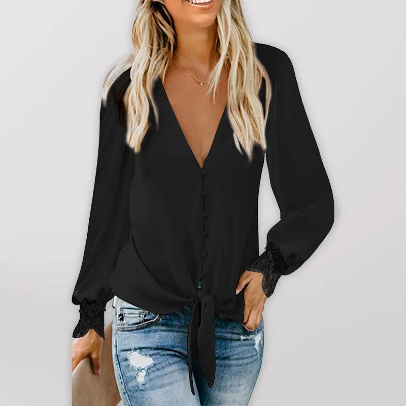 Drea Women's V-Neck Lace Patchwork Solid Color Tie Loose Long Sleeve Chiffon Shirt