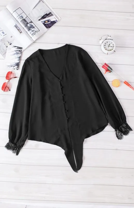 Drea Women's V-Neck Lace Patchwork Solid Color Tie Loose Long Sleeve Chiffon Shirt