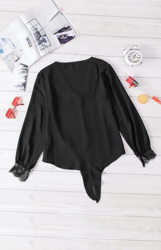 Drea Women's V-Neck Lace Patchwork Solid Color Tie Loose Long Sleeve Chiffon Shirt