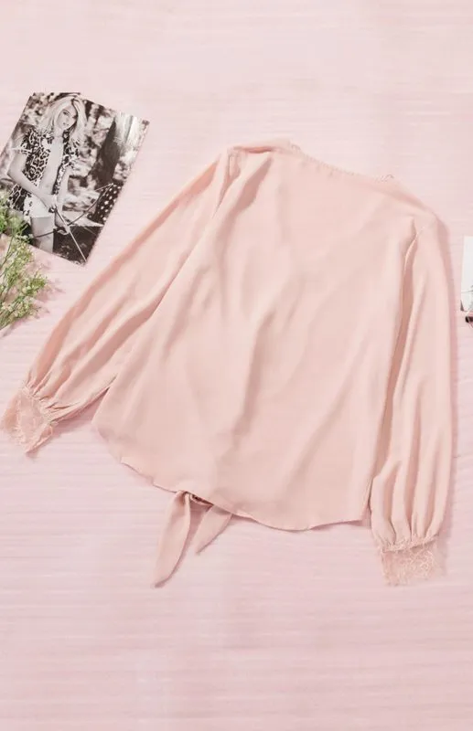 Drea Women's V-Neck Lace Patchwork Solid Color Tie Loose Long Sleeve Chiffon Shirt