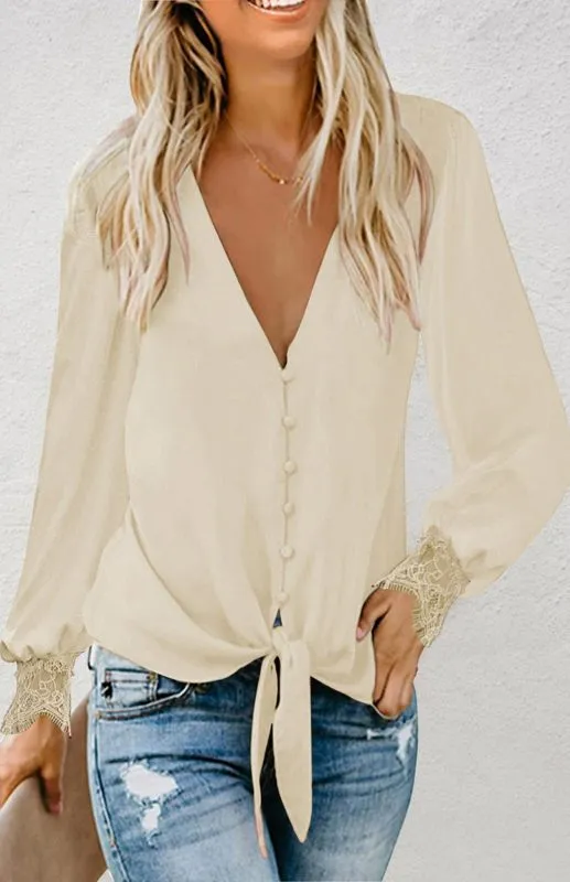 Drea Women's V-Neck Lace Patchwork Solid Color Tie Loose Long Sleeve Chiffon Shirt