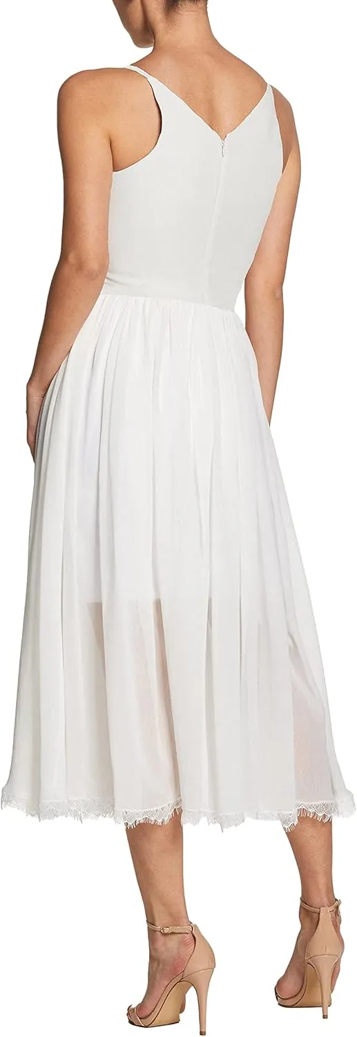 Dress the Population Women's Alicia Plunging Mix Media Sleeveless Fit and Flare Midi Dress