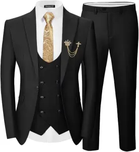 EMERAIDVLN Men's 3 Pieces Suit Slim Fit Elegant Wedding Prom Suits 1 Botton Blazer Double Breasted Vest and Pants Tuxedo Set