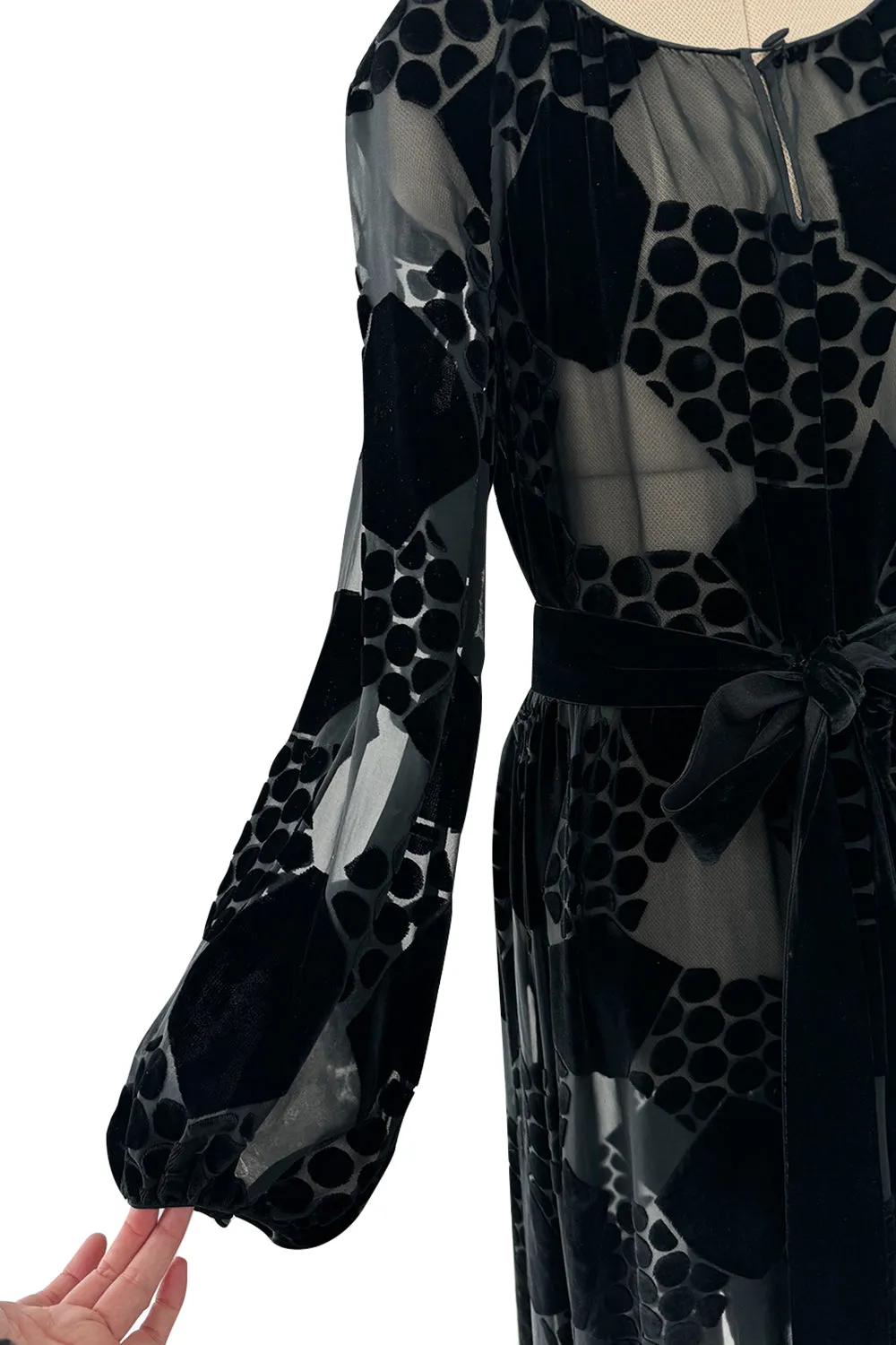 Fantastic Early 1970s Miss Dior Black Silk Velvet Fused Onto Black Transparent Silk Chiffon Dress