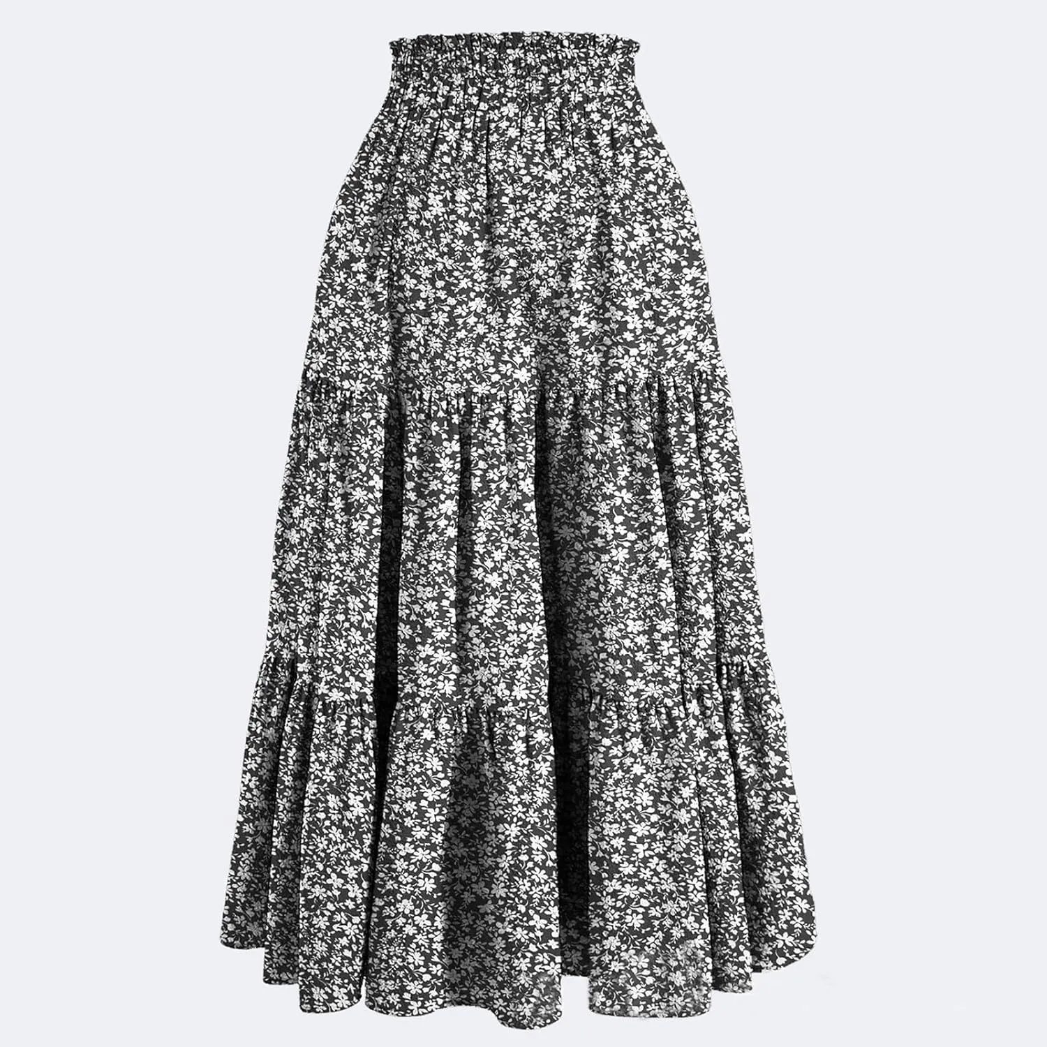 Floral Maxi Skirt for Women Flowy High Waisted Drawstring Ruffle Hem Skort Summer Trendy A-Line Vacation Beach Skirt