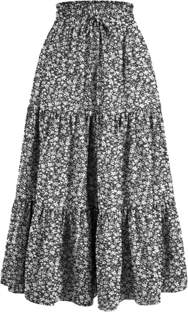 Floral Maxi Skirt for Women Flowy High Waisted Drawstring Ruffle Hem Skort Summer Trendy A-Line Vacation Beach Skirt