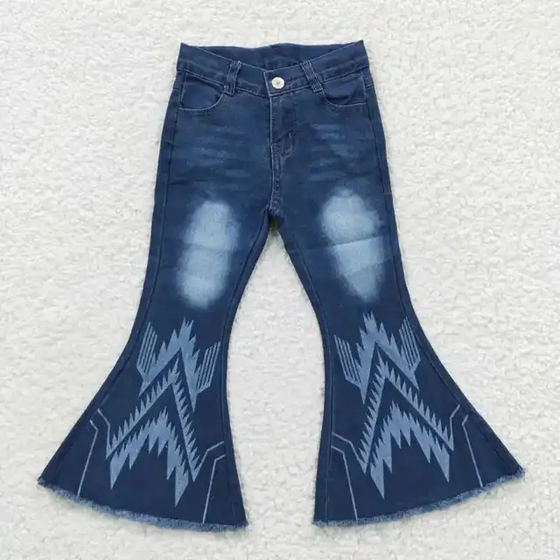 Geometric Pattern Blue Denim Bell Bottoms