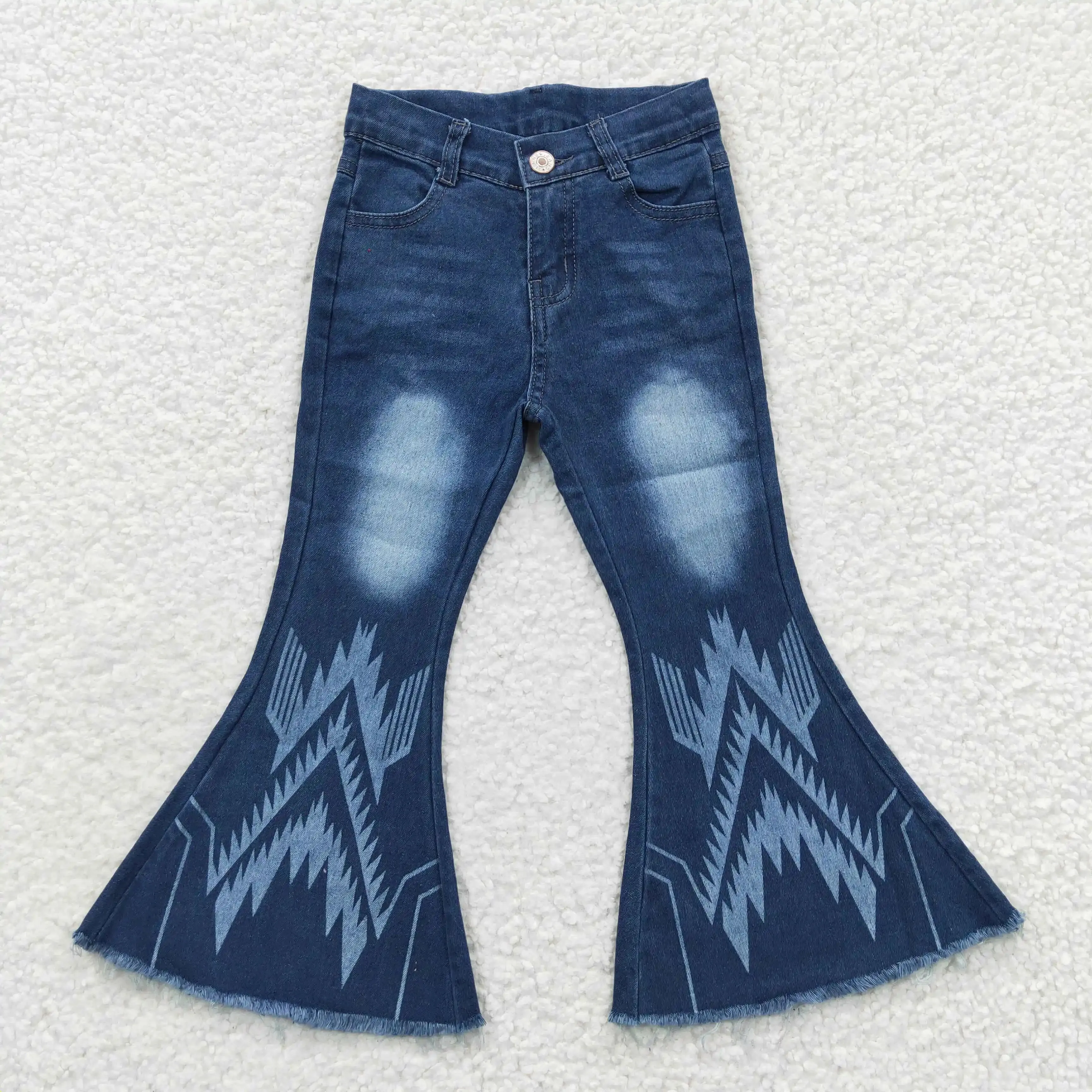 Geometric Pattern Blue Denim Bell Bottoms