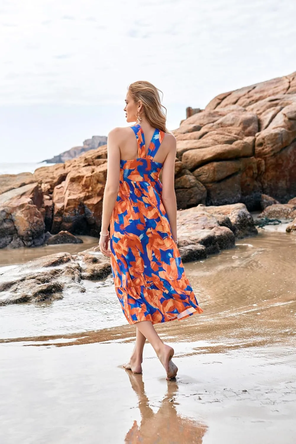 GRACE KARIN 2025 Women's Criss Cross Halterneck Sleeveless Summer Floral Print Flowy A Line Maxi Dress