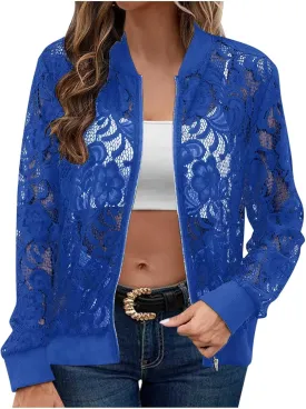 HGps8w Floral Lace Jackets for Women's Stand Collar Zip Up Mesh Sheer Baseball Jacket