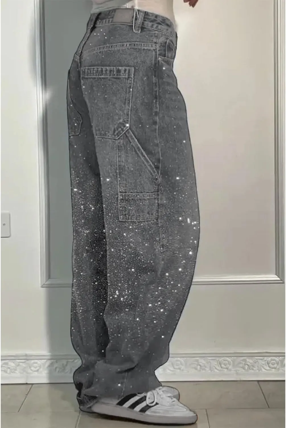 High Waisted Baggy Jeans for Women Diamond Straight Loose Jeans Fashion Vintage Boyfriend Denim Pants