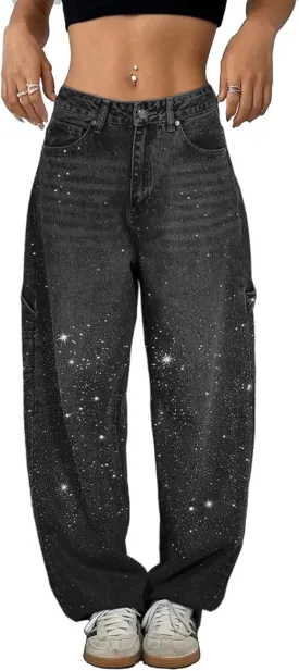 High Waisted Baggy Jeans for Women Diamond Straight Loose Jeans Fashion Vintage Boyfriend Denim Pants