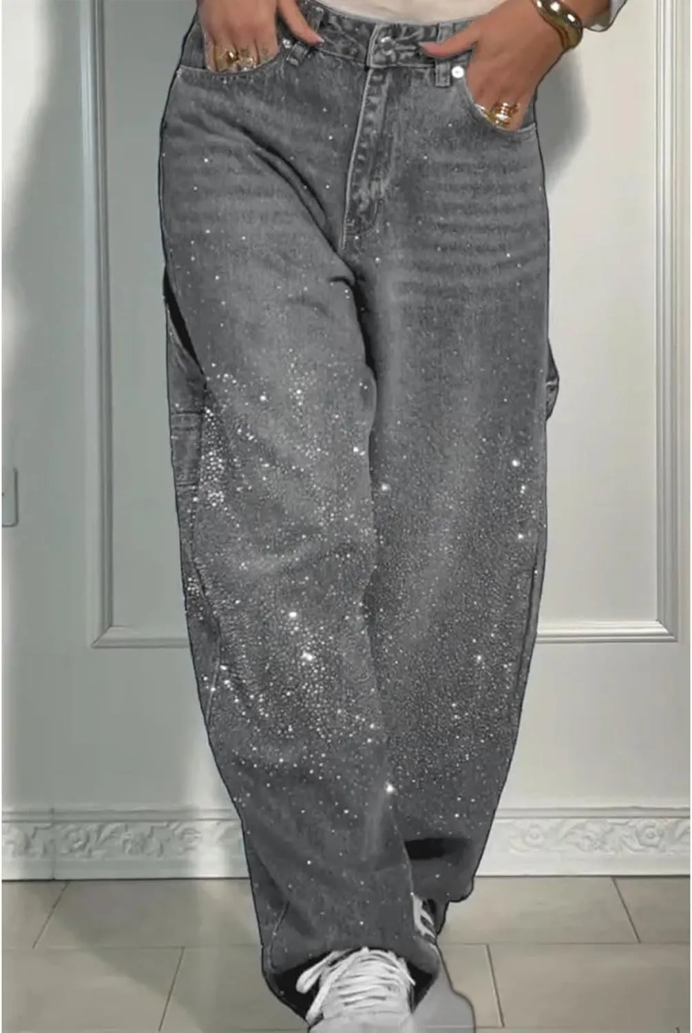 High Waisted Baggy Jeans for Women Diamond Straight Loose Jeans Fashion Vintage Boyfriend Denim Pants