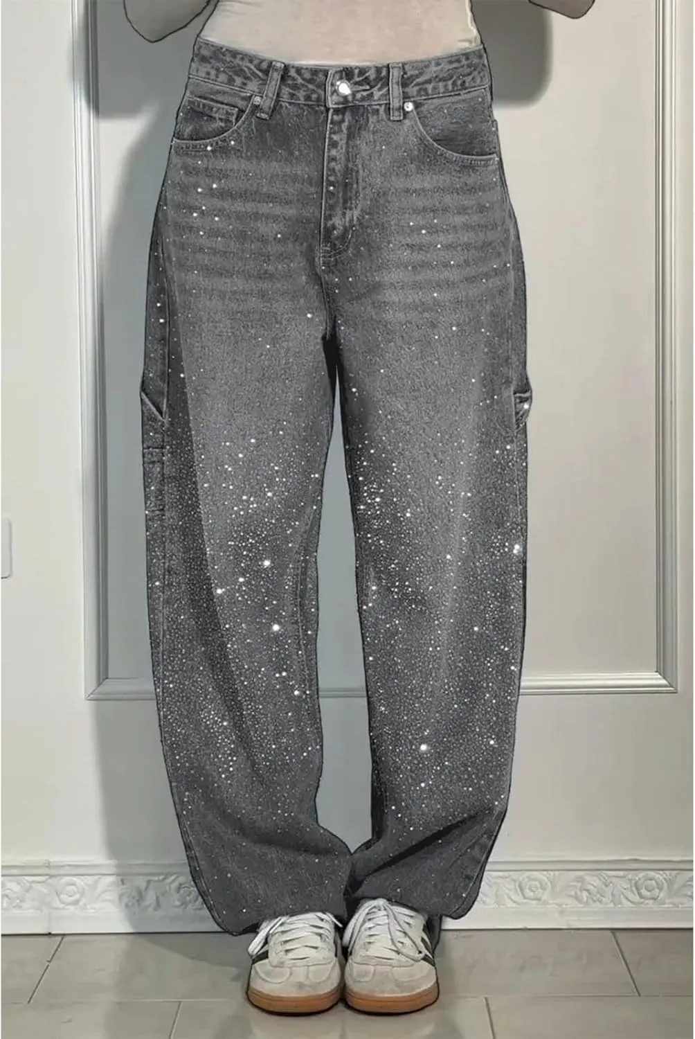 High Waisted Baggy Jeans for Women Diamond Straight Loose Jeans Fashion Vintage Boyfriend Denim Pants