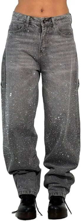 High Waisted Baggy Jeans for Women Diamond Straight Loose Jeans Fashion Vintage Boyfriend Denim Pants