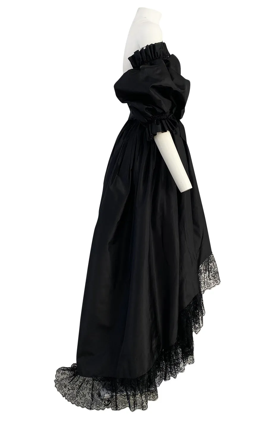 Important Fall 1959 Christian Dior by YSL Couture Black Silk Tafetta & Chantilly Lace Dress w Pouf Sleeves