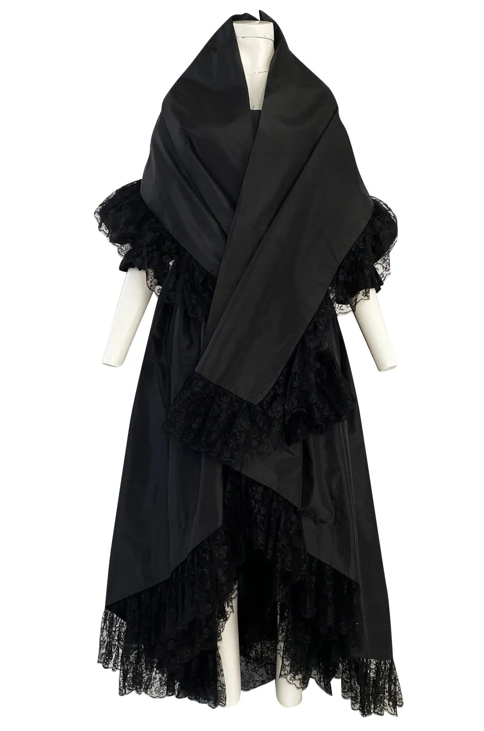 Important Fall 1959 Christian Dior by YSL Couture Black Silk Tafetta & Chantilly Lace Dress w Pouf Sleeves