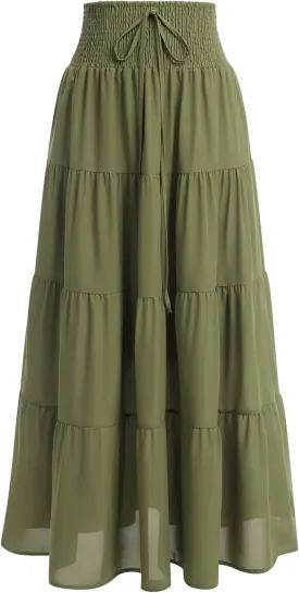 IWEMEK Women Boho Elastic Waist A Line Ruffle Beach Convertible Maxi Skirt Dress Tired Pleated Drawstring Chiffon Long Skirts