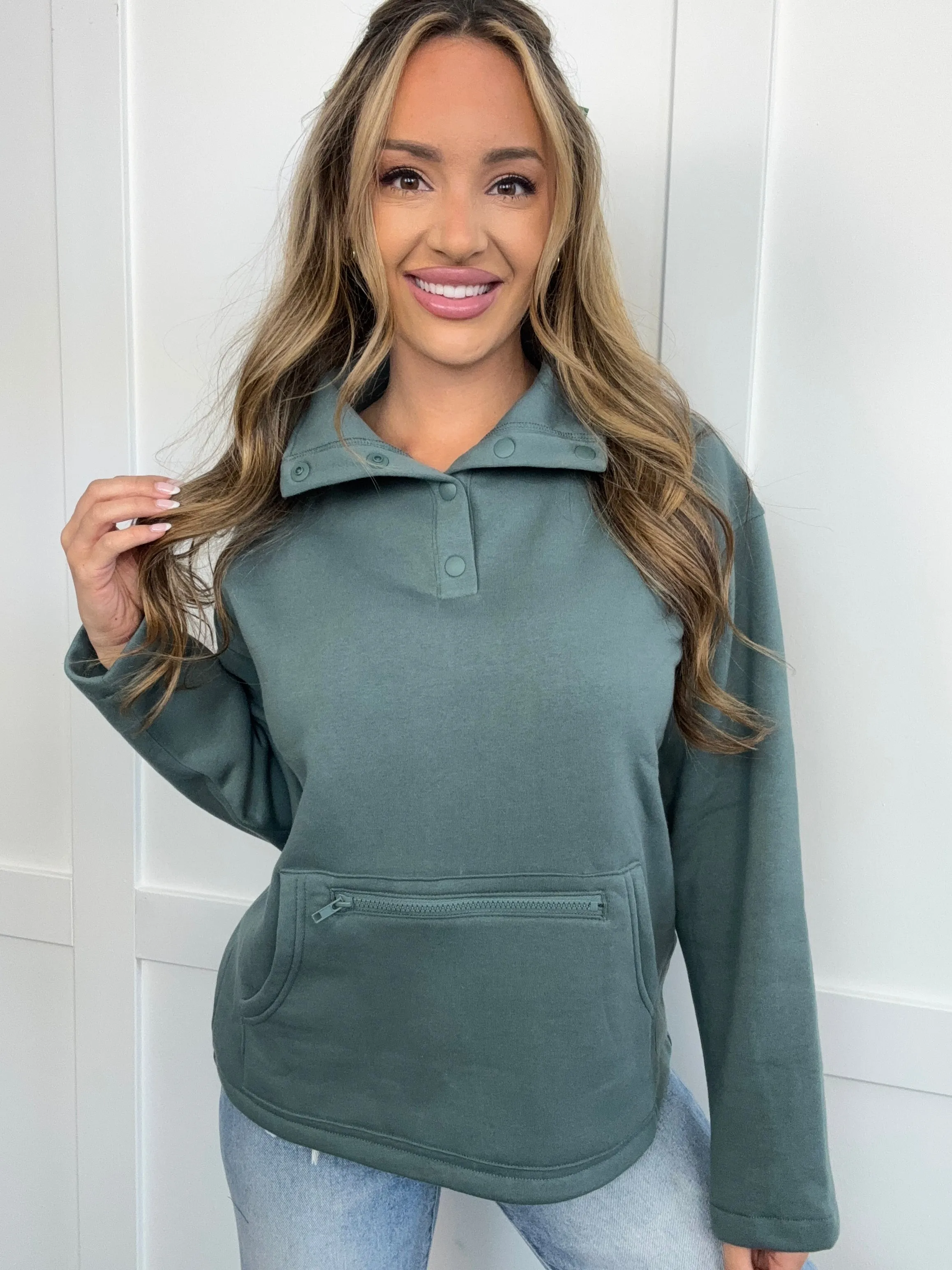 *Jade High Neck Button Up Sweatshirt