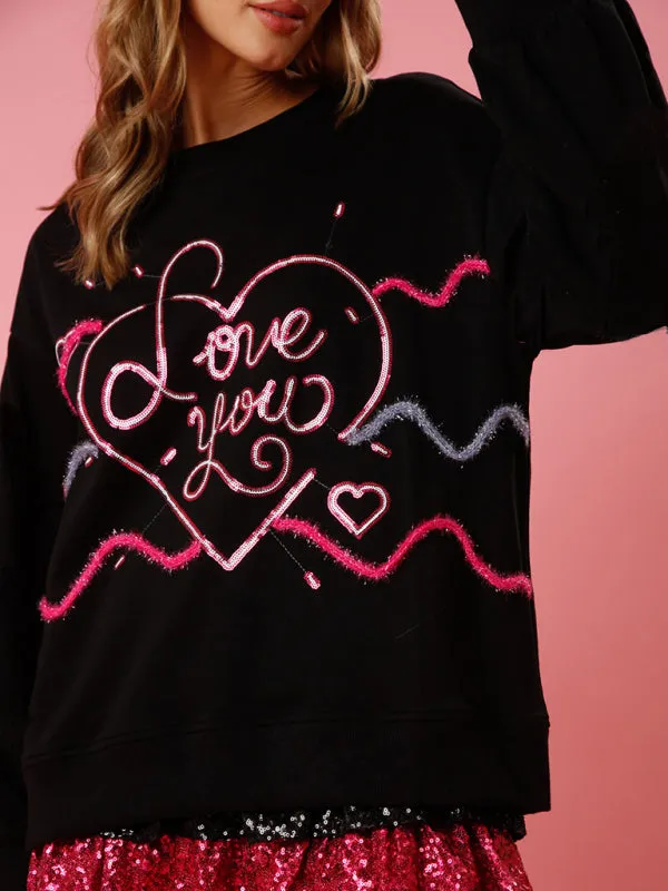 Kyleigh Women's Love Sequin Round Neck Pullover Sweatshirt